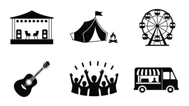 Festival entertainment icon collection with concert stage crowd guitar tent Ferris wheel and food truck in vector style