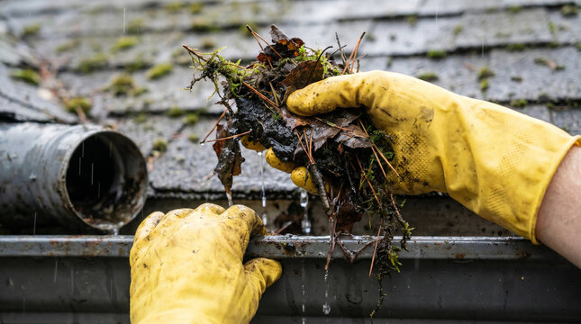 Person wearing yellow rubber gloves removing wet debris from a residential gutter in the rain