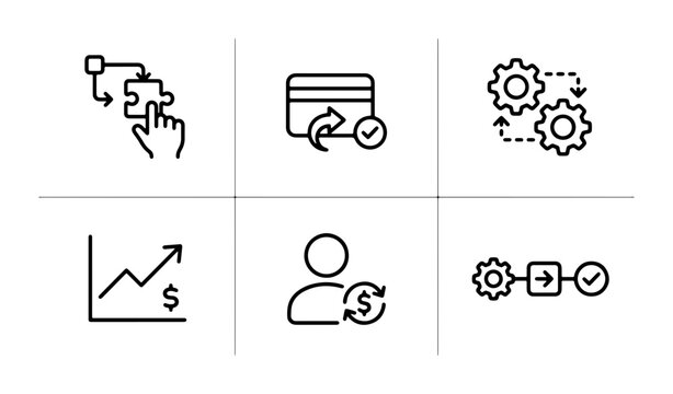 Financial Process Icons Set: Workflow, Payment, Growth Chart, User Transaction, Strategy, Workflow Automation