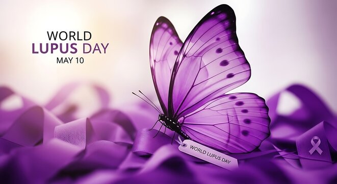 Purple butterfly on ribbon with world lupus day textual design