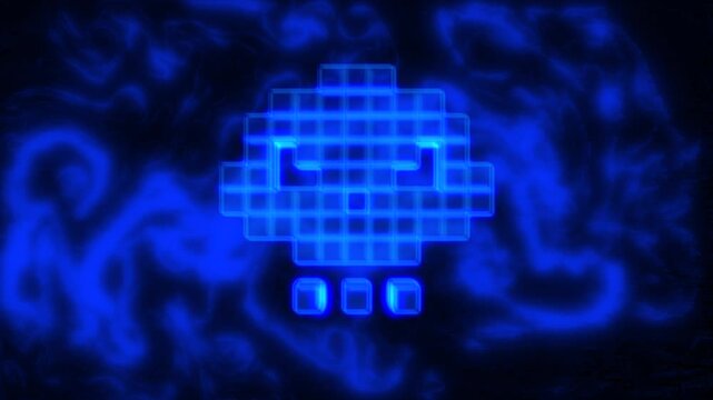 Bright glowing 3d style human skull symbol in pixel art form spinning animation