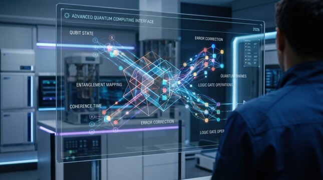 Advanced quantum computing interface showing qubit states and entanglement mapping on holographic display, futuristic technology and data processing innovation concept.