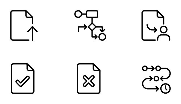 Workflow and Process Icons Set, Document Management and Task Flow Symbols, Business Logic and Decision Tree Graphics, Vector Elements for Project Planning