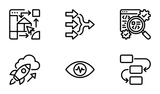 Business Process Flow Icons, Agile Workflow Symbols, Startup Rocket, Data Analysis Eye, Strategy Planning Graphics, 6 Vector Elements