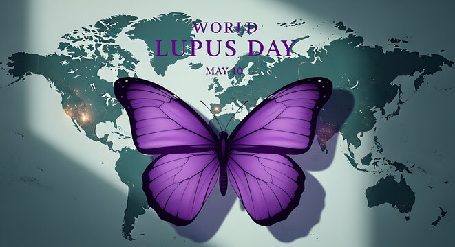 Purple butterfly on world map illustration for lupus awareness day
