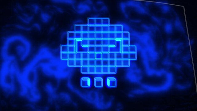 Bright glowing 3d style human skull symbol in pixel art form spinning animation