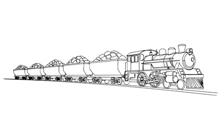 Vintage steam locomotive pulling coal wagons, line art illustration © Tani