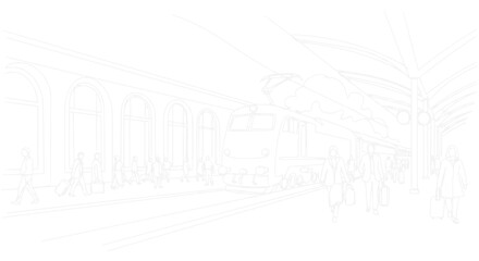Train station sketch with passengers and locomotive, minimalist line art, travel concept © Tani