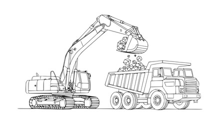 Excavator Loading Rocks into Dump Truck - Construction Site Line Art © Tani