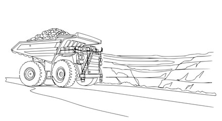 Mining Dump Truck Hauling Ore in Open Pit Mine - Line Art Illustration © Tani