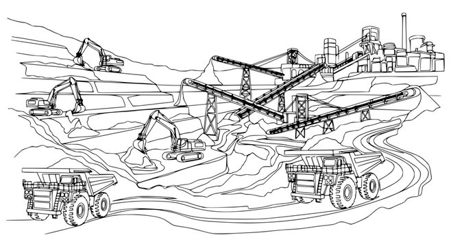 Open Pit Mine Operation: Excavators, Dump Trucks, Conveyors, and Processing Plant