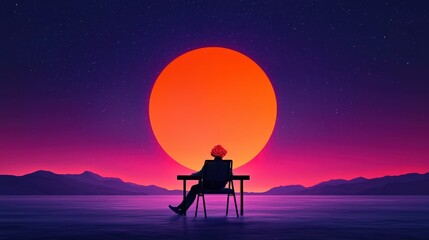 Obraz premium Contemplative figure seated at desk under a vast orange sun setting over a calm landscape with stars