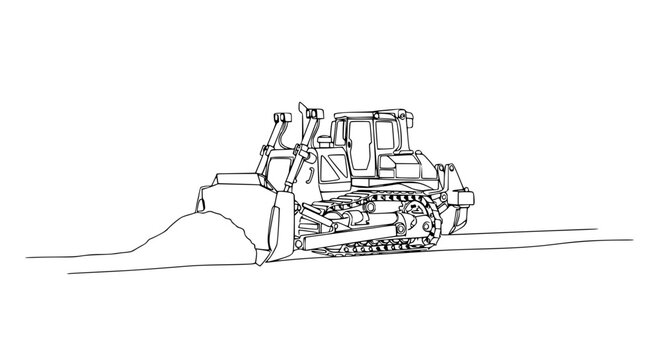 Dozer pushing dirt, construction equipment line art, heavy machinery illustration