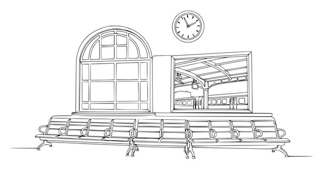 Sketch of empty train station waiting area with large window and clock