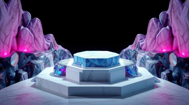Futuristic stage design. Hexagonal platforms glow with blue light. Pink crystalline structures frame scene. Dramatic lighting creates depth.