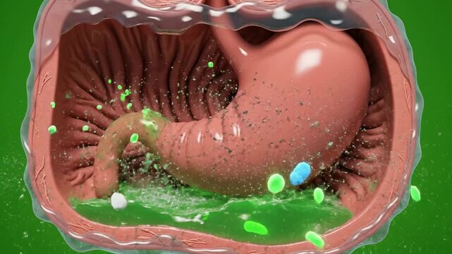 3 d medical animation of human stomach digestion process with acid and nutrient particles anatomy