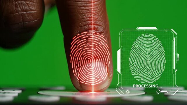 Biometric fingerprint scanner authentication process with digital hud interface on green screen security