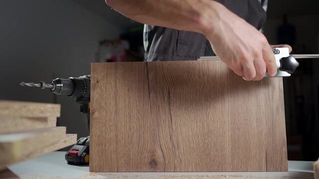 Carpenter drills a hole in a wooden panel using a guide jig and cordless drill. Woodworking, furniture assembly, carpentry and repair concepts