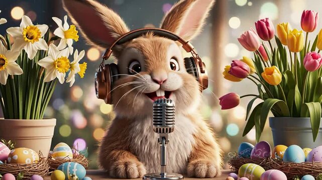 Cute easter bunny podcast host with headphones and microphone surrounded by spring flowers and colorful eggs for holiday