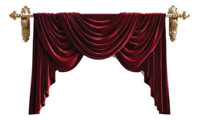 Luxury red velvet curtains with gold cornice, elegant theater stage drapes on ornate brass rod, classic baroque window valance vector © Muhammad