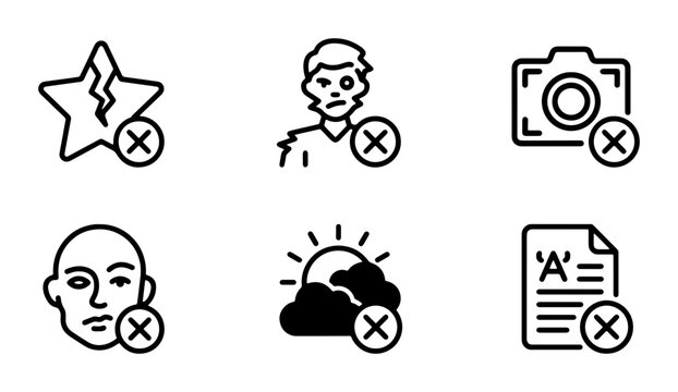 Set of 6 Black and White Vector Icons: Broken Star, Zombie, Camera, Face, Weather, Document with Cross Mark Symbol for Rejection, Error, or Deletion