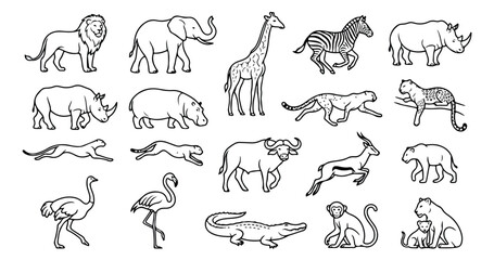 African safari animals line art collection, set of 19 wild animal vector icons, minimalist black and white zoo wildlife illustrations for coloring © Muhammad