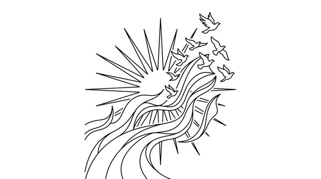 Sunrise with Birds and Flowing Waves in Background