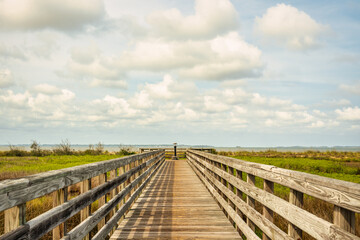 Obraz premium Wooden walkway on boardwalk leads to water with cloudy sky in the background during daytime in natural setting