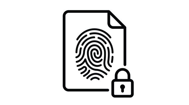 Minimalist black outline icon showing a digital document file protected by a secure padlock symbol representing biometric data privacy and encrypted cloud storage access safety