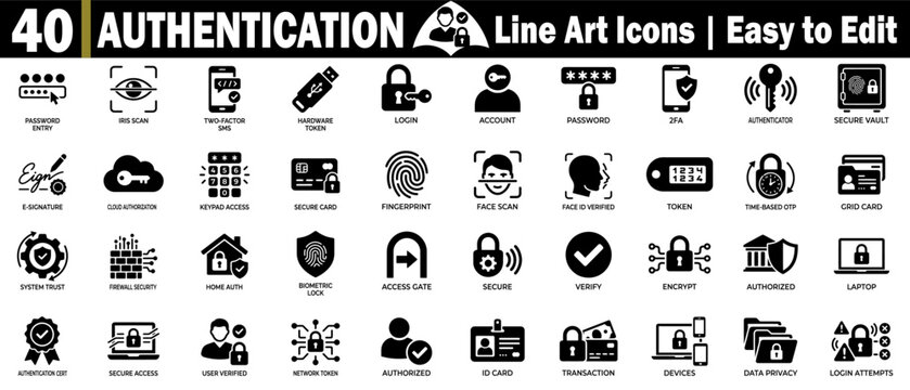 Authentication solid icons set, easy to edit. simple flat authentication symbols for web and mobile ui.