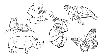 Wild animal coloring page vector set, endangered species line art collection, black and white zoo animal illustrations for kids education © Muhammad