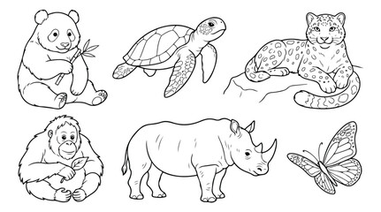Endangered animals coloring book vector set, 6 wild animal line art illustrations, panda rhino sea turtle and leopard sketches for kids education © Muhammad