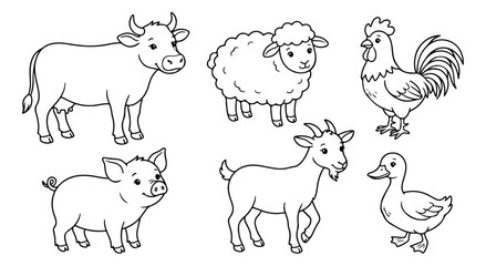 Cute farm animals line art collection, hand drawn livestock vector set, black and white coloring book illustrations of cow, pig, sheep, and goat © Muhammad