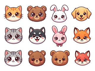Fototapeta premium Set of cute cartoon animal faces isolated on transparent background