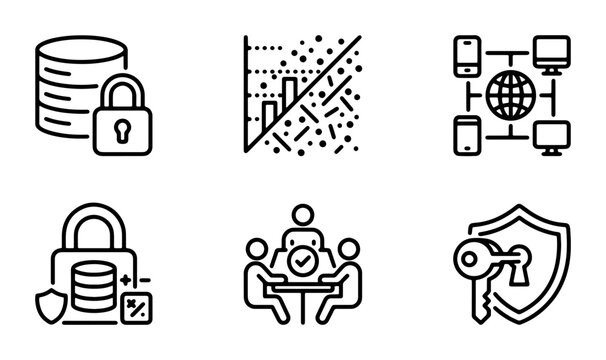 Cybersecurity Icons Set: Data Protection, Network Security, Access Control, and Collaboration Symbols. Vector Graphics for Digital Safety and Business Solutions.