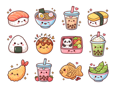 Cute kawaii japanese food and drink icons set isolated on transparent background