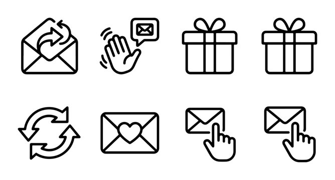 Email and Communication Icons Set: Mailbox, Envelope, Gift Box, Refresh, Hand Wave, Cursor Interaction | Vector Graphics for Digital Messaging and Business