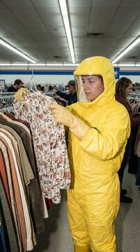Woman in Yellow Hazmat Suit Shopping for Clothes at Secondhand Thrift Store