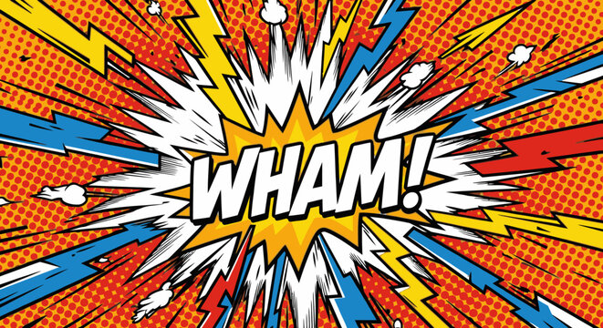 Pop art comic book speech bubble background with WHAM! sound effect text, action lightning bolts, and halftone dot pattern vector.