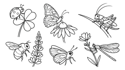 Hand-drawn insect and flower line art collection, black and white garden bugs vector set, butterfly and bee coloring page illustrations for kids © Muhammad