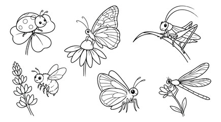 Cute insect coloring page set with butterfly, bee, and ladybug, black and white garden bugs line art, 6 cartoon insect vector illustrations © Muhammad