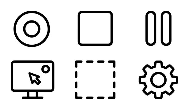 Minimalist Line Icons: Play, Pause, Stop, Computer, Settings, Selection Box - Vector Graphics for UI & Web Design