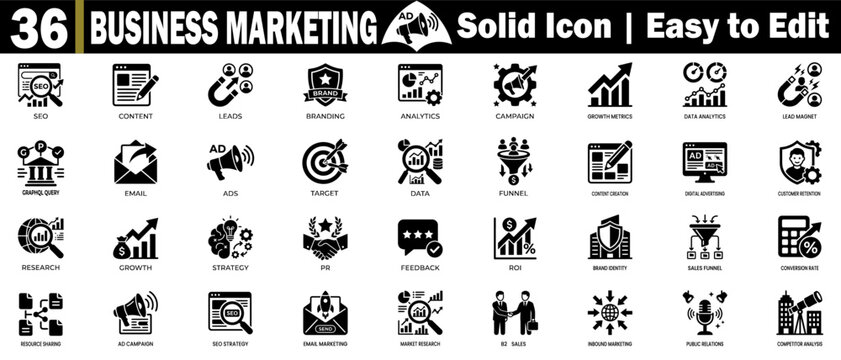 Business marketing solid icon pack. Contains marketing strategy, seo, content, leads, branding, and other related icons.