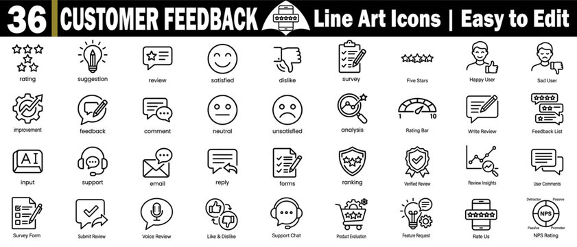 Customer feedback line icons. Collection of ratings, suggestions, reviews, satisfaction, dislikes, surveys, five stars, and happy users, and more.