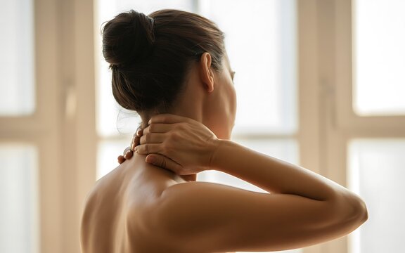 Woman feeling pain in neck holding her head with hand, feeling unwell.