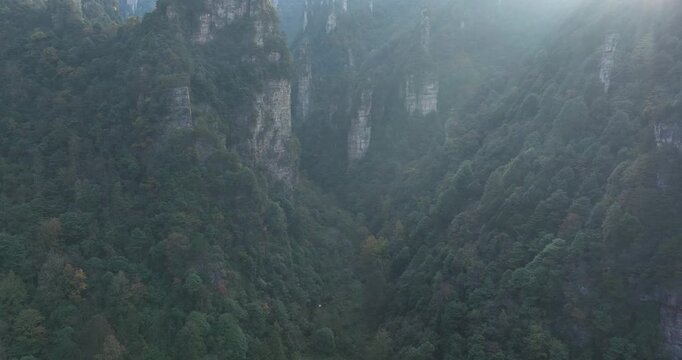aerial view, asia, attractions, autumn, blue, china, chinese, cliff, copy space, destination, evening, fall, famous place, forest, green, hill, hunan, jagged, jagged peaks, morning, mountain, mountain