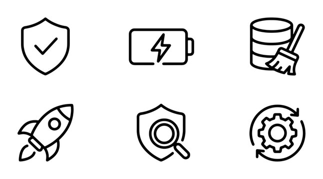 Modern Line Icons: Security Shield, Battery Charge, Database Clean, Rocket Launch, Search Protection, Workflow Automation, Vector Set for Tech and Business Concepts