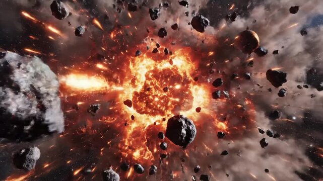 Cinematic view of a massive planet exploding into fiery fragments against a backdrop of deep space stars and nebulae