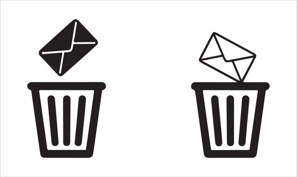 Email deletion icons showing envelope being thrown into trash bin for spam and junk message management set.