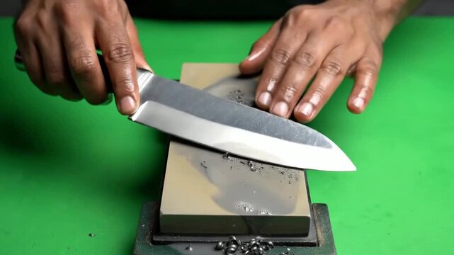Chef knife sharpening on whetstone close-up for culinary maintenance blade